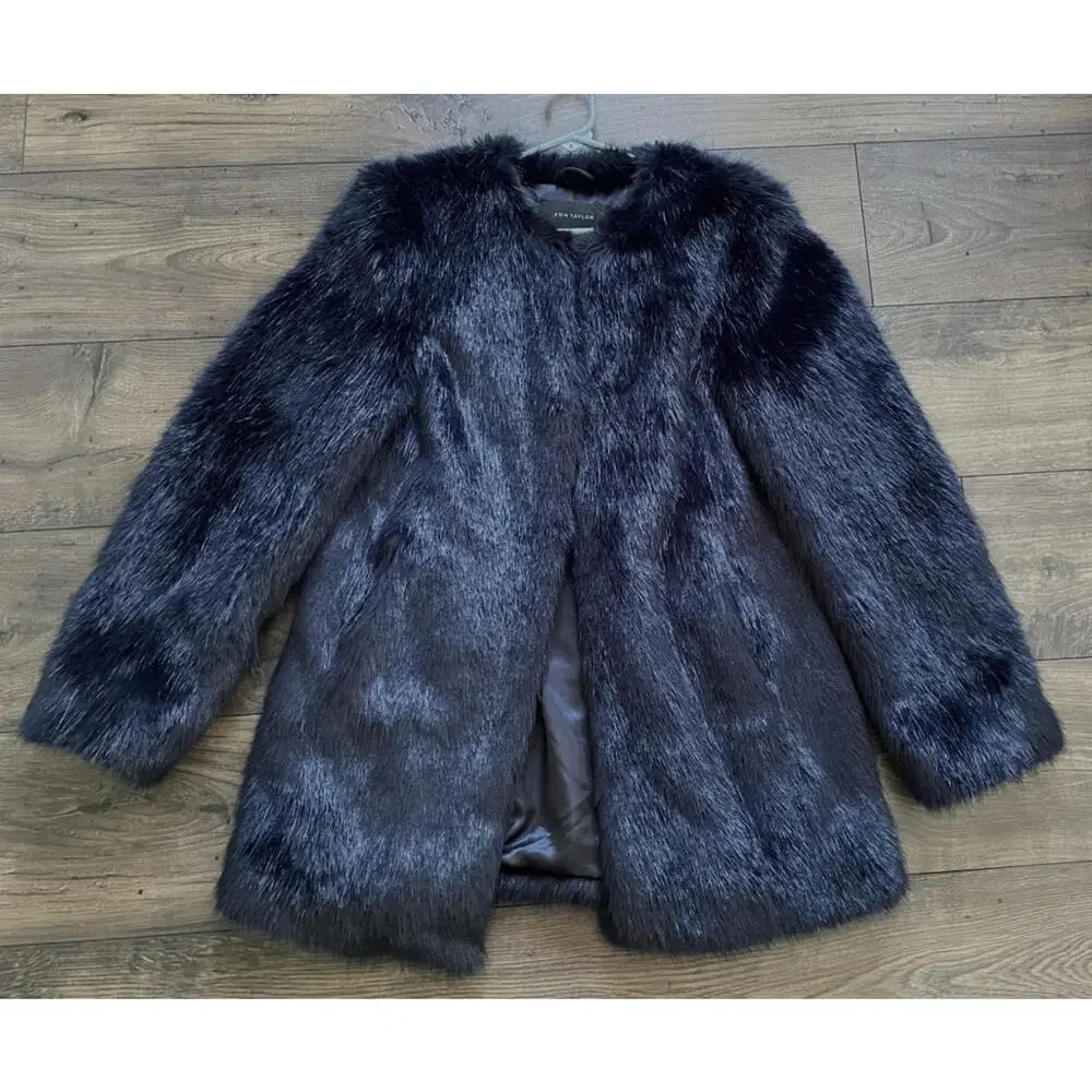 Ann Taylor Soft Faux Fur Jacket Coat Blue Medium - Picture 3 of 9
